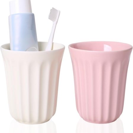 14oz Ceramic Toothbrush Cup Holder, Mouthwash Cups, Modern Bathroom Organizer for Countertop, Sink or Vanity, Colors, Set of 2. (White and Pink)