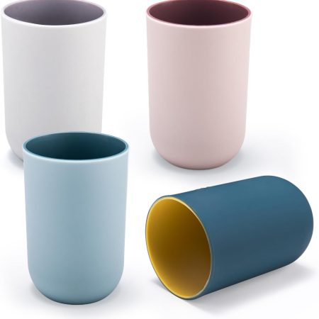4 Pieces Plastic Bathroom Tumblers,  Unbreakable Toothbrush Cup, Plastic Mouthwash Cup Toothbrush Holder (Light Gray, Dark Blue, Light Pink, Light Blue)