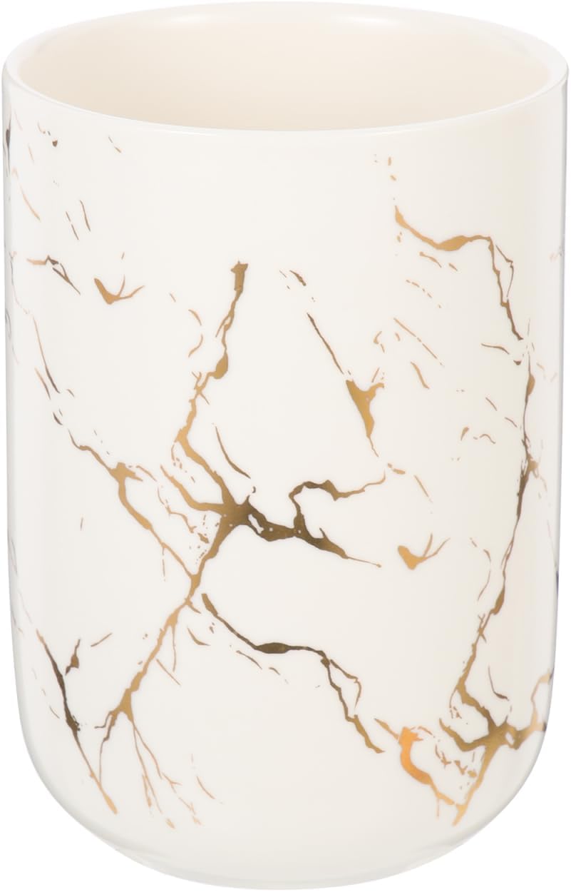 Marble Tooth Cup Ceramic Bathroom Tumbler Reusable Mouthwash Cup for Home and Hotel 4.33X3.03 Inch White Marble Pattern