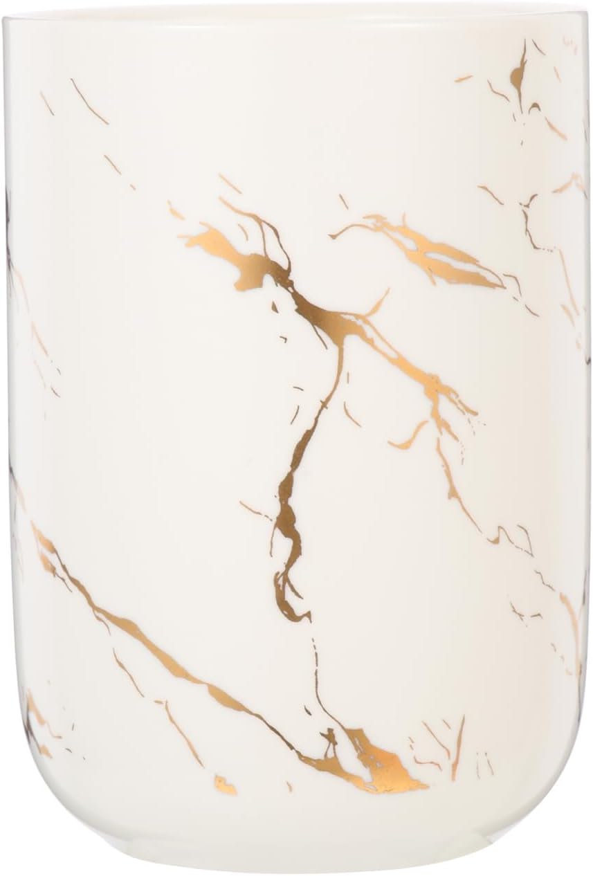 Marble Pattern Ceramic Toothbrush Holder - Multipurpose Bathroom Tumbler for Mouthwash, Water, and Storage - White, 4.33 X 3.03 Inches