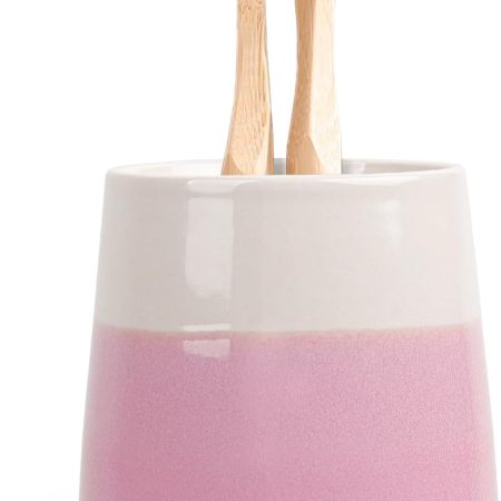 Ceramic Toothbrush Holder Cup, 12 oz Toothpaste Holder for Bathroom Vanity and Countertop, Organizer for Cosmetic, Makeup, Office Pencils, for Hotel Apartment, Beige and Pink