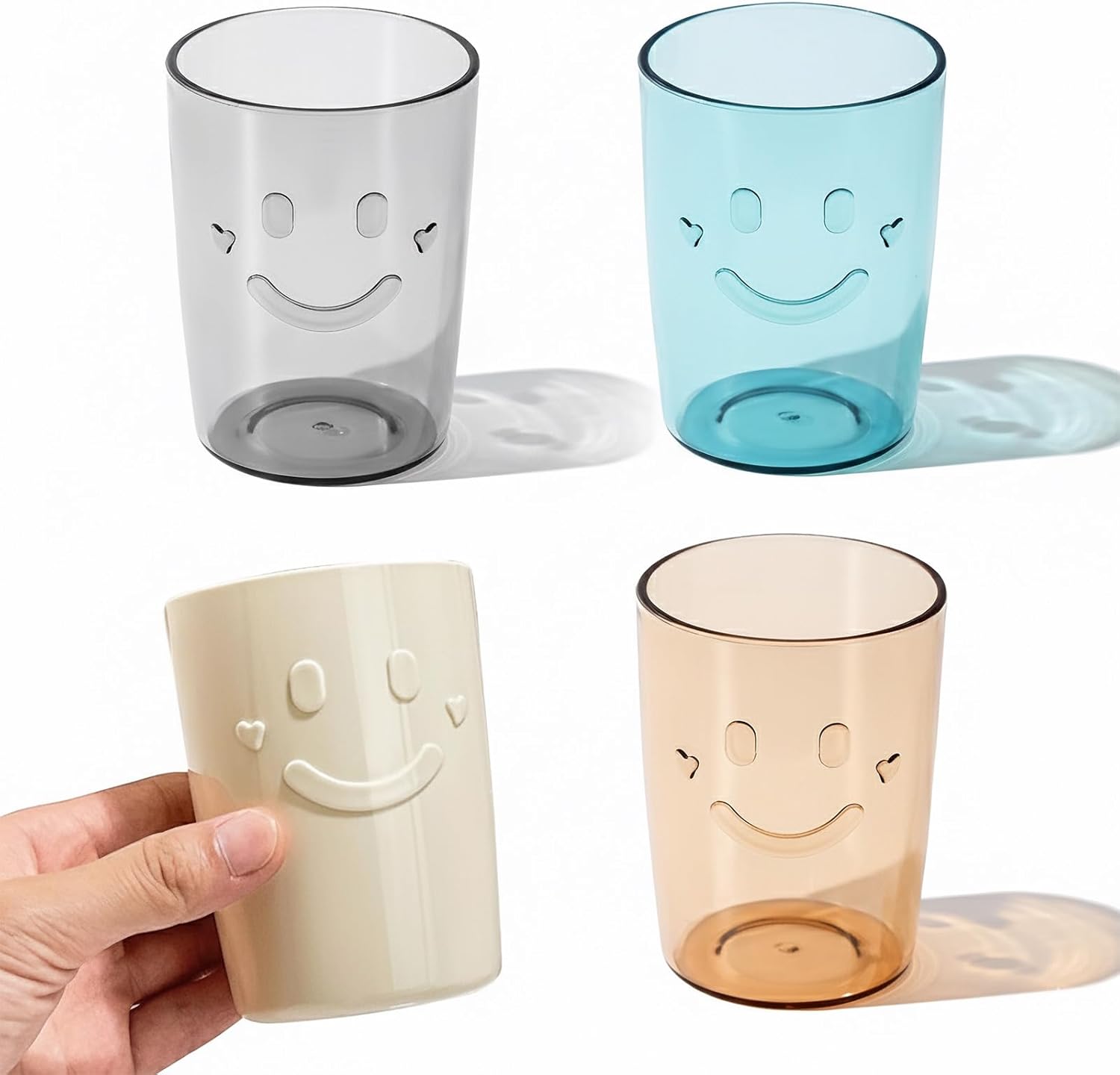 4Pcs Bathroom Tumbler Toothbrush Cups, Smiley Unbreakable Toothbrush Holders, Reusable Drinking Cups Plastic Mouthwash Cup Bathroom Brushing Cup 300ml (4 Colors), Beige, Blue, Gray, Brown