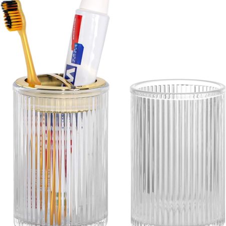 Toothbrush Holders for Bathrooms, 2pcs Glass Toothbrush Holder, 12oz Bathroom Tumbler and Mouthwash Cup, Tooth Brush and Toothpaste Organizer for Bathroom Vanity Countertop (Clear Gold)