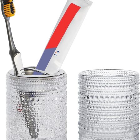 Toothbrush Holders for Bathrooms, Clear Glass Toothbrush Holder, 10oz Bathroom Tumbler and Mouthwash Cup, Bathroom Storage Cup for Tooth Brush, Toothpaste and Makeup Brush