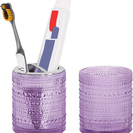 Purple Toothbrush Holders for Bathrooms, Glass Toothbrush Holder with 2 Slot Divider, 10oz Bathroom Tumbler and Mouthwash Cup, Tooth Brush Holder for Brushes, Toothpaste
