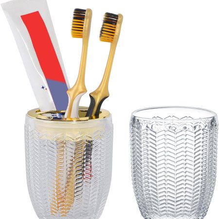Toothbrush Holders for Bathrooms, Clear Glass Toothbrush Holder with Gold Divider, 10oz Bathroom Tumbler and Mouthwash Cup, Bathroom Storage Cup for Tooth Brush, Toothpaste and Makeup Brush