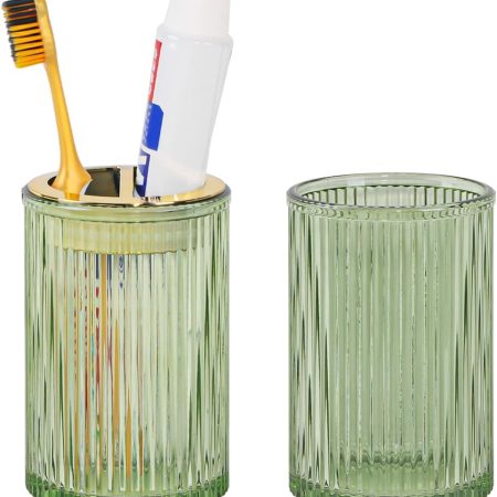 Toothbrush Holders for Bathrooms, 2pcs Glass Toothbrush Holder, 12oz Bathroom Tumbler and Mouthwash Cup, Tooth Brush and Toothpaste Organizer for Bathroom Vanity Countertop (Green Gold)