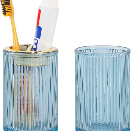 Toothbrush Holders for Bathrooms, 2pcs Glass Toothbrush Holder, 12oz Bathroom Tumbler and Mouthwash Cup, Tooth Brush and Toothpaste Organizer for Bathroom Vanity Countertop (Blue Gold)