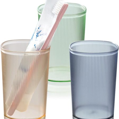 3 Pack Bathroom Tumbler Unbreakable Toothbrush Cups, Plastic Toothbrush Holder, Reusable Mouthwash Cup Bathroom Cup Drinking Cups Makeup Brush Holder (Stripe 3 Colors)