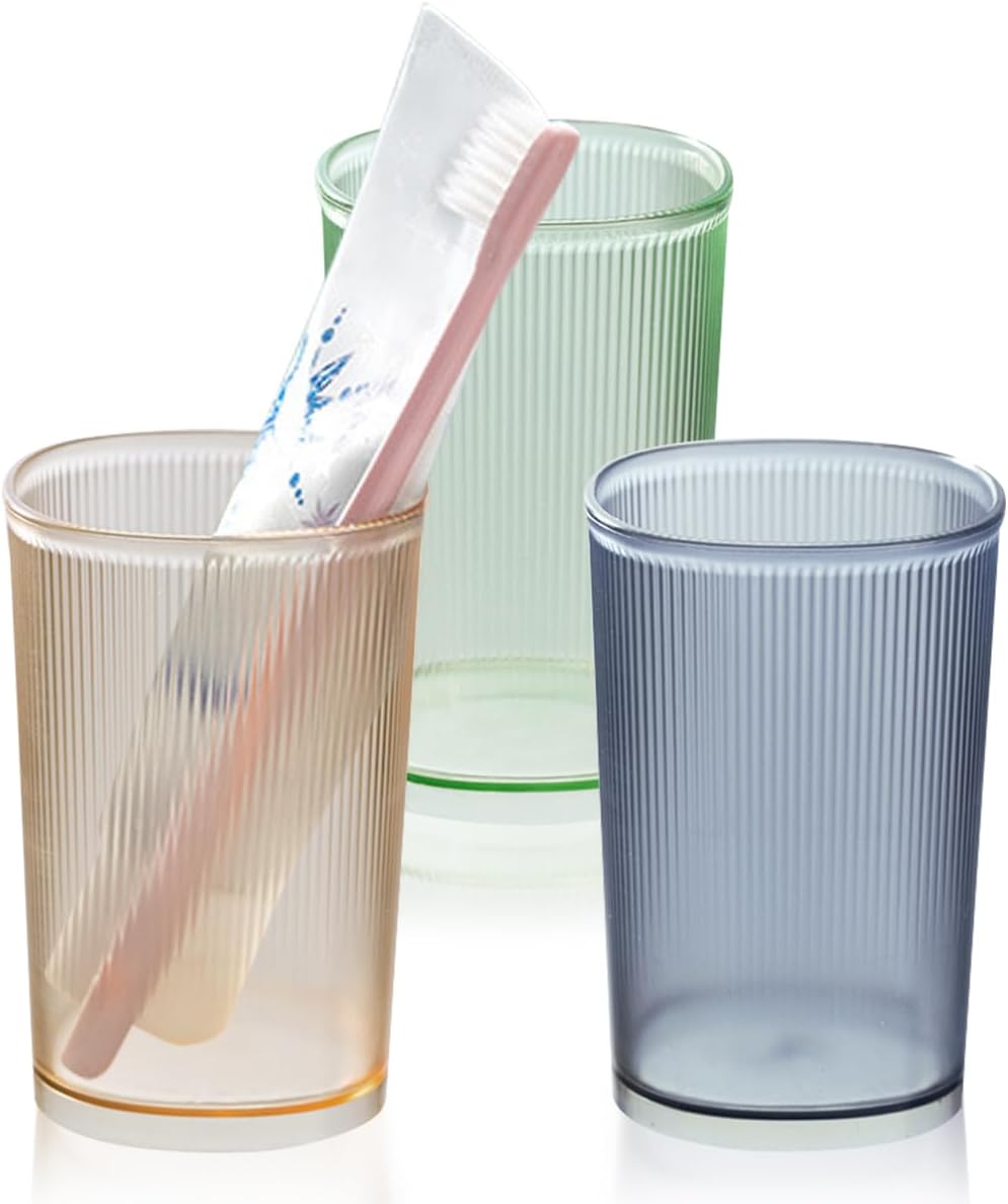 3 Pack Bathroom Tumbler Unbreakable Toothbrush Cups, Plastic Toothbrush Holder, Reusable Mouthwash Cup Bathroom Cup Drinking Cups Makeup Brush Holder (Stripe 3 Colors)