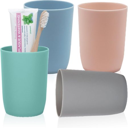 4-Pack Plastic Bathroom Tumbler Cups | Stackable Toothbrush & Mouthwash Cups | Reusable, Dishwasher Safe | 10oz (280ml) | 4 Colors for Travel