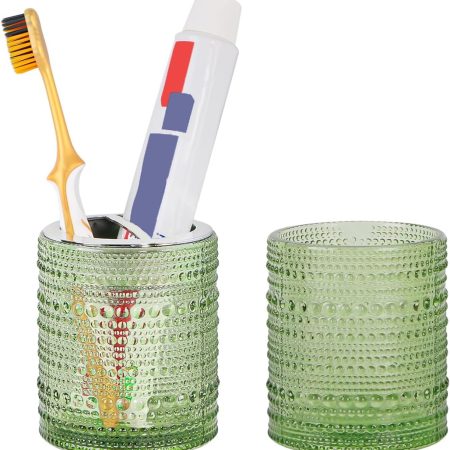Toothbrush Holders for Bathrooms,Glass Toothbrush Holder,10oz Bathroom Tumbler and Mouthwash Cup,Bathroom Storage Cup for Tooth Brush,Toothpaste and Makeup Brush (Green)