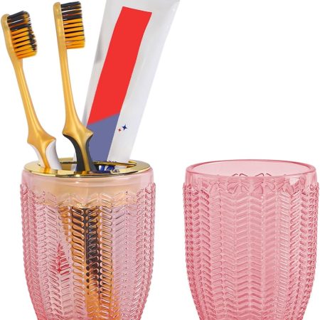 Toothbrush Holders for Bathrooms, Pink Glass Toothbrush Holder with Gold Divider, 10oz Bathroom Tumbler and Mouthwash Cup, Bathroom Storage Cup for Tooth Brush, Toothpaste and Makeup Brush