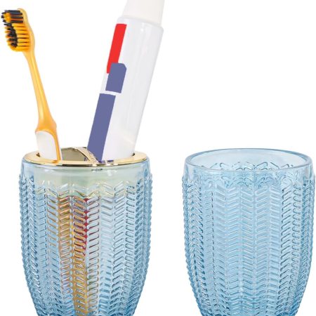 Toothbrush Holders for Bathrooms, Blue Glass Toothbrush Holder with Gold Divider, 10oz Bathroom Tumbler and Mouthwash Cup, Bathroom Storage Cup for Tooth Brush, Toothpaste and Makeup Brush