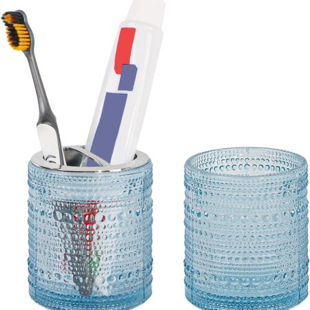Blue Toothbrush Holders for Bathrooms, Glass Toothbrush Holder with 2 Slot Divider, 10oz Bathroom Tumbler and Mouthwash Cup, Tooth Brush Holder for Brushes, Toothpaste