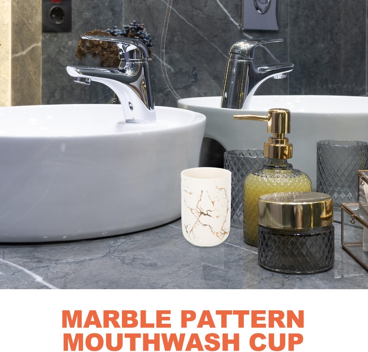 Marble Tooth Cup Ceramic Bathroom Tumbler Reusable Mouthwash Cup for Home and Hotel 4.33X3.03 Inch White Marble Pattern - Image 2