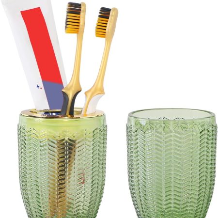 Toothbrush Holders for Bathrooms, Green Glass Toothbrush Holder with Gold Divider, 10oz Bathroom Tumbler and Mouthwash Cup, Bathroom Storage Cup for Tooth Brush, Toothpaste and Makeup Brush